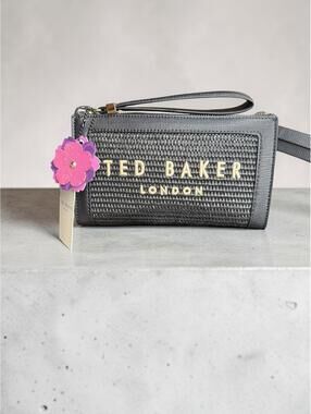 Ted Baker London Woven Straw Wristlet Clutch Pouch Black Gold NWT